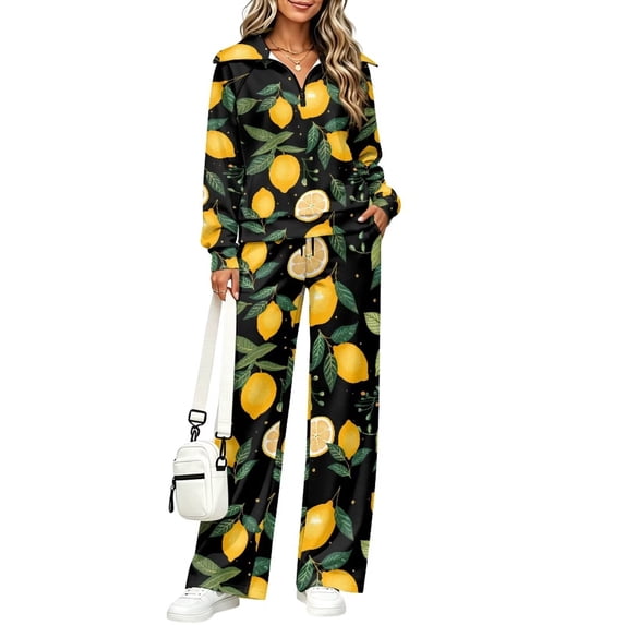 Xixirimido Women's 2 Piece Outfits Tracksuit Matching Lounge Set, S, Long Sleeve Half Zip Sweatshirt, Wide Leg Pants, Fall Fashion Sweatsuits, Airport Tracksuit, Pockets, Black Lemon Fruit