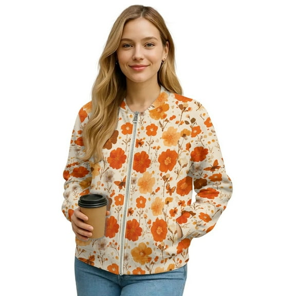 Xixirimido Women's Bomber Jacket Casual Lightweight Coat Cropped Zip Up Jacket Fall Varsity Jackets Winter Outerwear with Pockets, Butterfly Fall Leaf, Medium