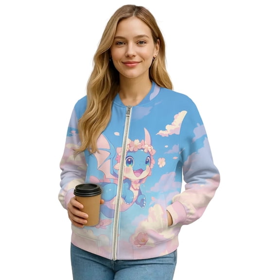 Xixirimido Women's Bomber Jacket Casual Lightweight Coat Cropped Zip Up Jacket Fall Varsity Jackets Winter Outerwear with Pockets, Cute Dragon Colorful Clouds, Small