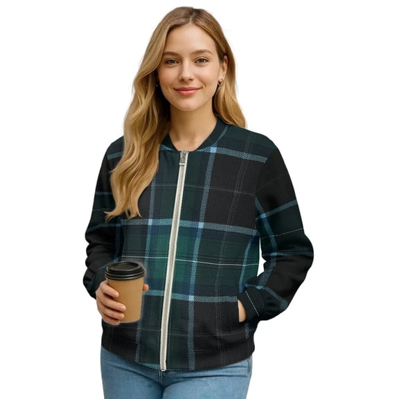 Xixirimido Women's Bomber Jacket Casual Lightweight Coat Cropped Zip Up Jacket Fall Varsity Jackets Winter Outerwear with Pockets, Plaid Black, Medium