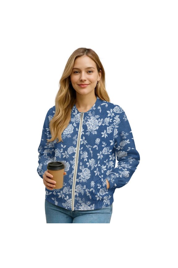 Women's Bomber Jacket Casual Lightweight Coat Cropped Zip Up Jacket Fall Varsity Jackets Winter Outwear with Pockets, Retro Roses Blue, Medium