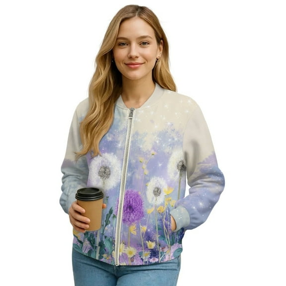 Xixirimido Women’s Bomber Jackets 2025 Fall Winter Trendy Coats Zip Up Varsity Jacket with Pockets Lightweight Casual Jacket, Dandelion Floral Stars, X-Large