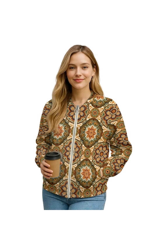 Women's Bomber Jackets Lightweight Zip Up Jacket Casual Vasity Jacket Coat Outerwear Windbreaker with Pockets, Abstract Bohemian Mandala, Small