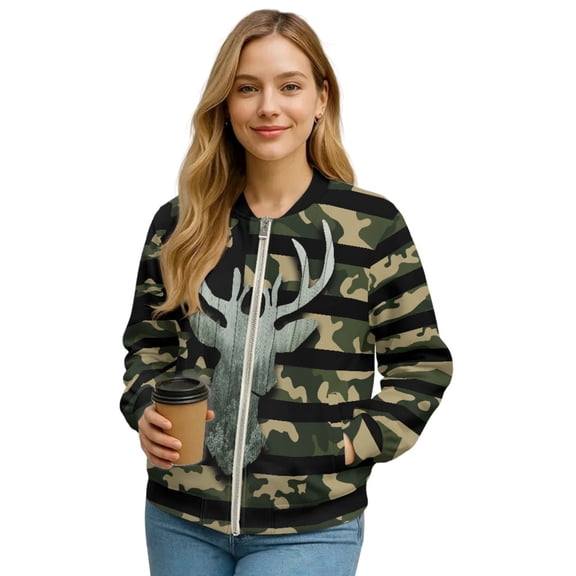 Xixirimido Women's Bomber Jackets Lightweight Zip Up Jacket Casual Vasity Jacket Coat Outerwear Windbreaker with Pockets, Deer American Flag Camo, Medium