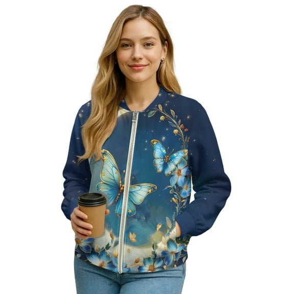 Xixirimido Women's Casual Jacket Lightweight Bomber Jackets with Pockets Windbreaker Zip-up Varsity Jackets Fall Outerwear, Butterfly Floral Moon, Medium