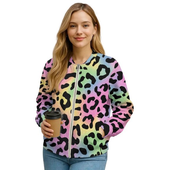 Xixirimido Women's Windbreaker Bomber Jacket Zip Up Jacket Fall Winter Casual Coat Lightweight Women Loose Fit Outerwear with Pockets, Leopard Colorful Tie-dye, Medium