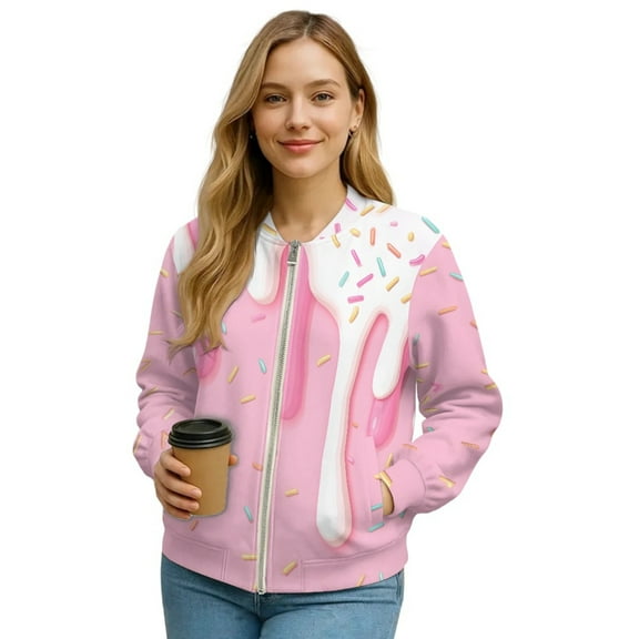 Xixirimido Women's Windbreaker Bomber Jacket Zip Up Jacket Fall Winter Casual Coat Lightweight Women Loose Fit Outerwear with Pockets, Pink Donut, Medium