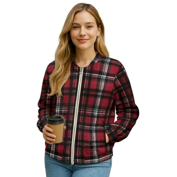 Xixirimido Womens Bomber Jacket Cropped Zip Up Varsity Jacket Loose Fit Casual Coat Lightweight Fall Winter Outerwear With Pockets, Plaid Red, Small