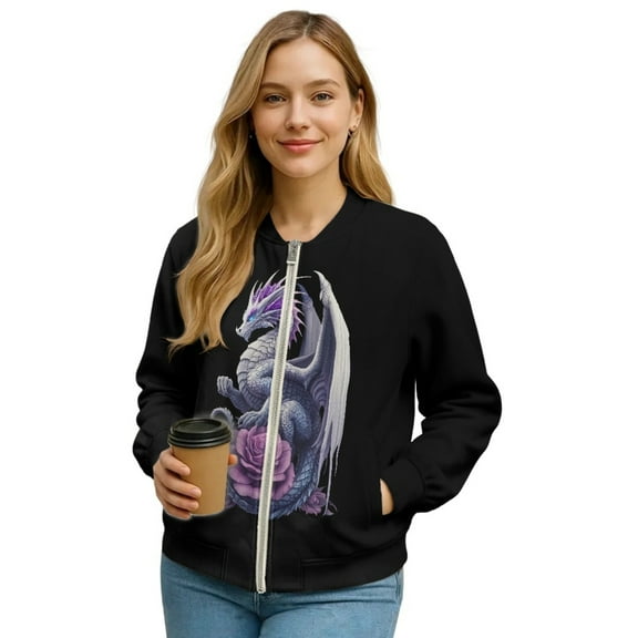 Xixirimido Womens Bomber Jacket Cropped Zip Up Varsity Jacket Loose Fit Casual Coat Lightweight Fall Winter Outerwear With Pockets, Dragon Rose Black, Medium