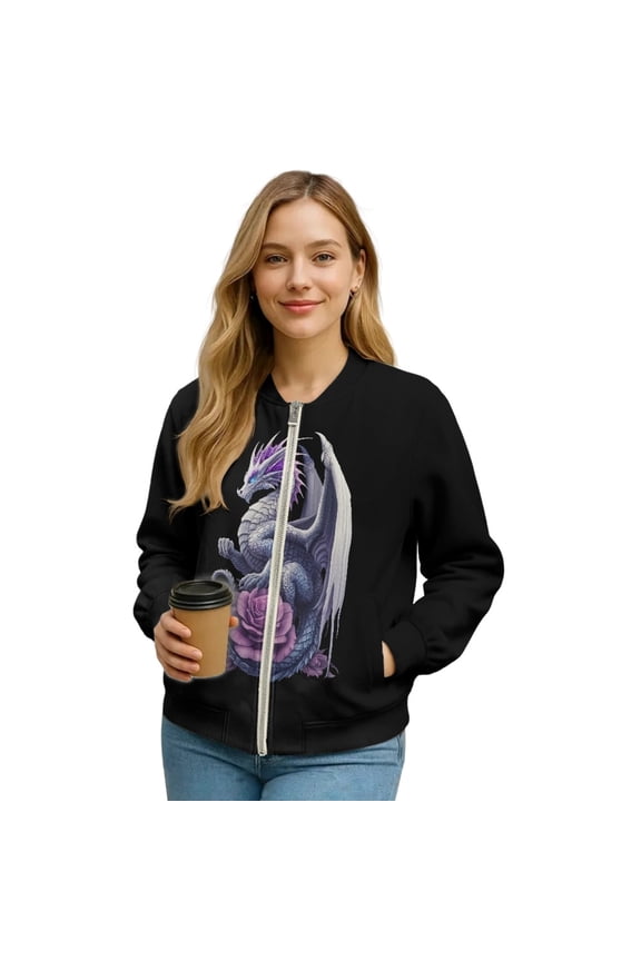 Womens Bomber Jacket Cropped Zip Up Varsity Jacket Loose Fit Casual Coat Lightweight Fall Winter Outerwear With Pockets, Dragon Rose Black, Medium