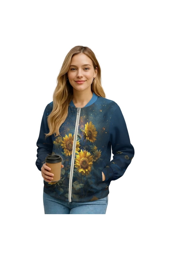 Womens Bomber Jacket Cropped Zip Up Varsity Jacket Loose Fit Casual Coat Lightweight Fall Winter Outwear With Pockets, Sunflower Galaxy, Medium