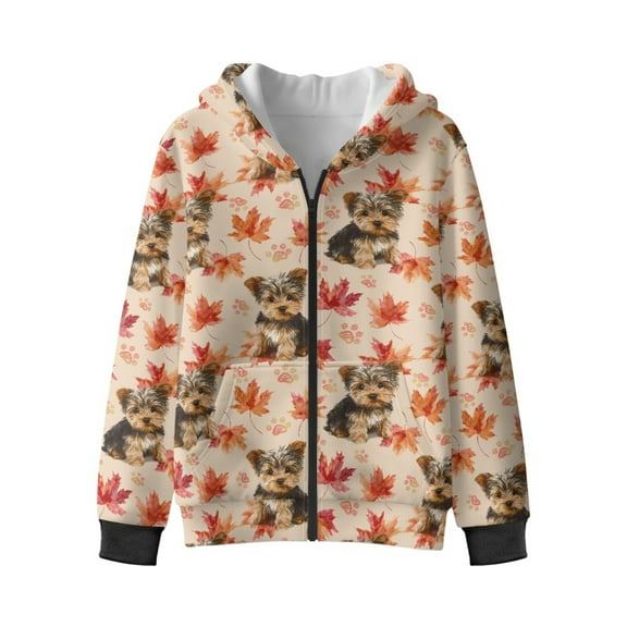 Xixirimido Yorkshire Terrier Maple Leaf Printed Kids Hoodies for Boys Girls Zip Up Jacket with Pocket Teens Long Sleeve Hooded Sweatshirt Fall Winter Pullover Top for 12-14 Years