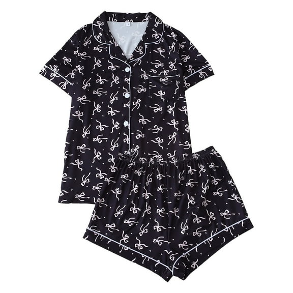 Xiyon Pajama Set For Women Casual Short Sleeve Sleepwear Printed Button Front Top And Shorts Comfortable Sleepwear Outfit With Pockets Ladies Loungewear