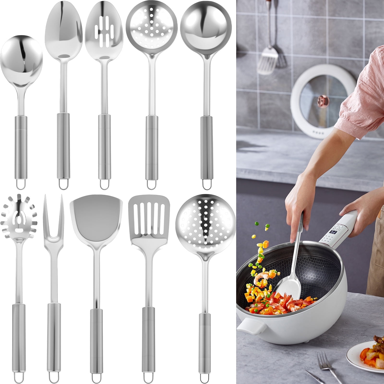 Xiyztok 10Pcs Kitchen Cooking Utensils Set Metal Stainless Steel Spoons and Spatula with Ergonomic Handle Utensil for Cooking Kitchen Cooking Utensils Set Kitchen Gadgets Tools Set Spoons Spatula