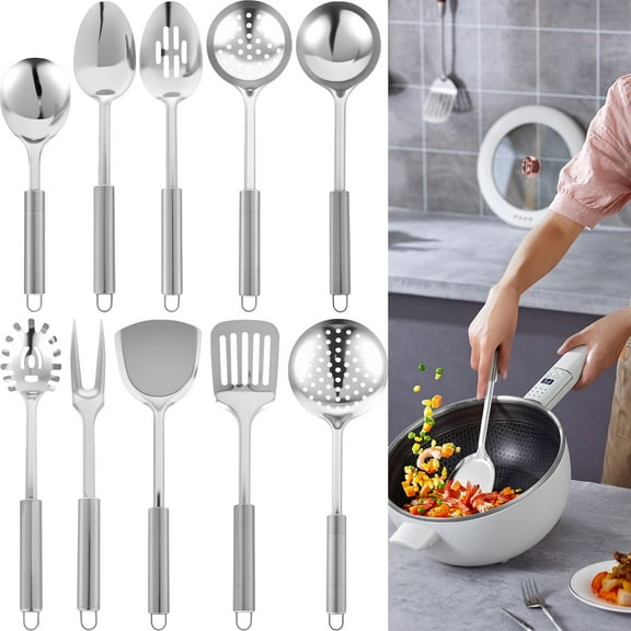 Xiyztok 10Pcs Kitchen Cooking Utensils Set Metal Stainless Steel Spoons and Spatula with Ergonomic Handle Utensil for Cooking Kitchen Cooking Utensils Set Kitchen Gadgets Tools Set Spoons Spatula