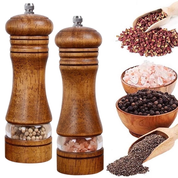 Xiyztok 2Pcs Wooden Salt and Pepper Grinder Set with Clear Window, 7-Inch Manual Mills, Adjustable Coarseness for Peppercorn Salt Spice Mills