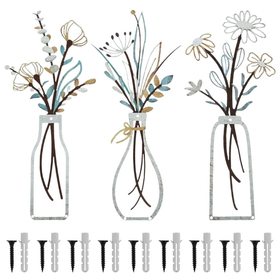 Xiyztok 3PCS Metal Flowers Wall Arts, Silver minimalist flower wall decor, 35 x 15 x 1 cm iron art