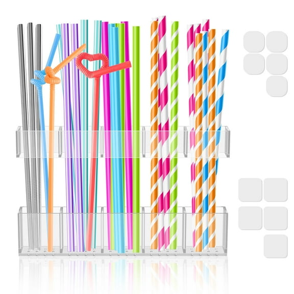 Xiyztok Acrylic Straw Holder No Drilling Cabinet Reusable Straw Storage Organizer with Double Sided Tape for Cabinet Door