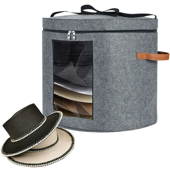 Xiyztok Hat Storage Box with Zippered Lid Clear Window Adjustable Shoulder Strap 18.9×18.9×17in Round Large Capacity Felt Hat Storage Box Felt Pop Up Hat Box Dustproof