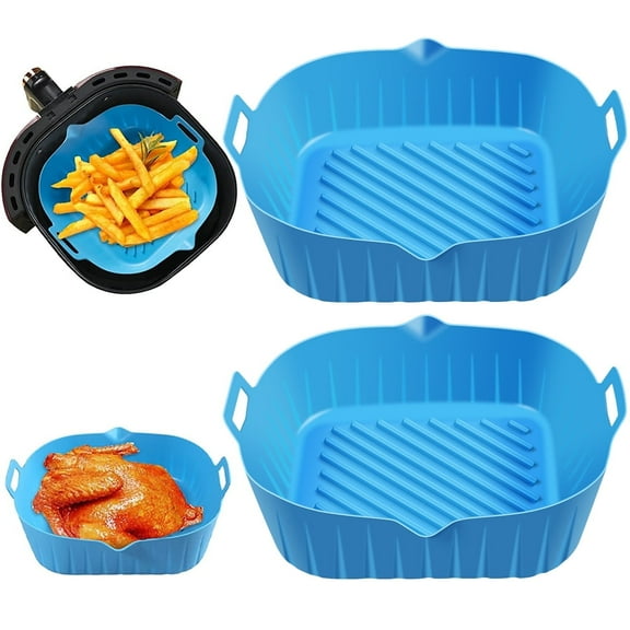 Xiyztok 2PCS Reusable Heat Resistant Silicone Air Fryer Basket with Handles,Square Air Fryer Silicone Pot,Blue