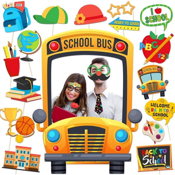 Xizondidi Back to School Decorations, 21Pcs Back to School Photo Props School Selfie Props with School Bus Photo Frame for First Day of School Decorations