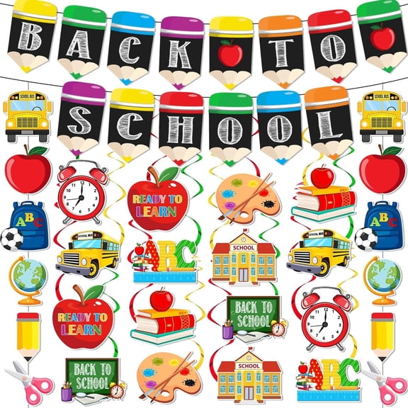 Xizondidi Back to School Decorations for Classroom 56PCS Welcome Back Banner Hanging Swirls Classroom Ceiling Decor Set First Day of School Party Supplies