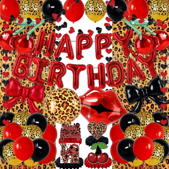 Xizondidi Cheetah Print Birthday Decorations Leopard Party Decorations with Red Black Cherry Bow Leopard Print Balloons Curtains Paper Honeycombs Balloons