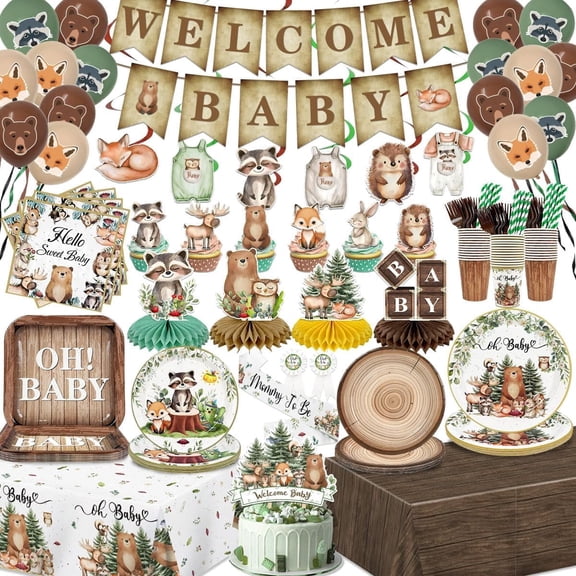 Xizondidi Woodland Baby Shower Decorations for Boy Girl, Neutral Animal Party Supplies with Banner Latex Balloons Plates Tablecloth, Safari Jungle Forest Shower Party Decor