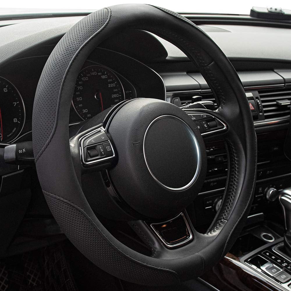 Black Microfiber Leather Steering Wheel Cover with Rubber Lining