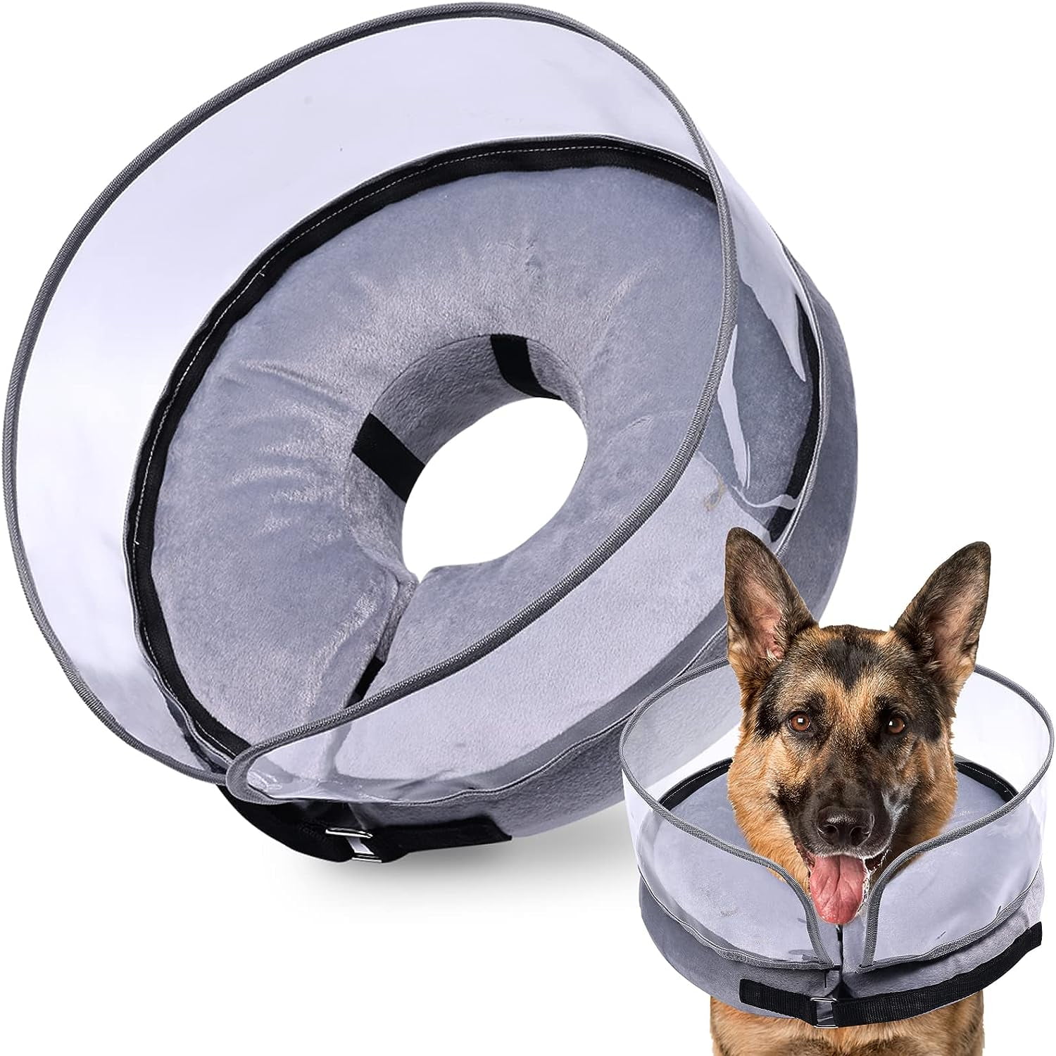 Xkiss Dog Cone, Inflatable Dog Cone After Surgery for Small Medium Large Dogs, Soft Cones with Enhanced Anti-Licking Guard Shield for Pets, Protective Dog Donut Collar-Gray