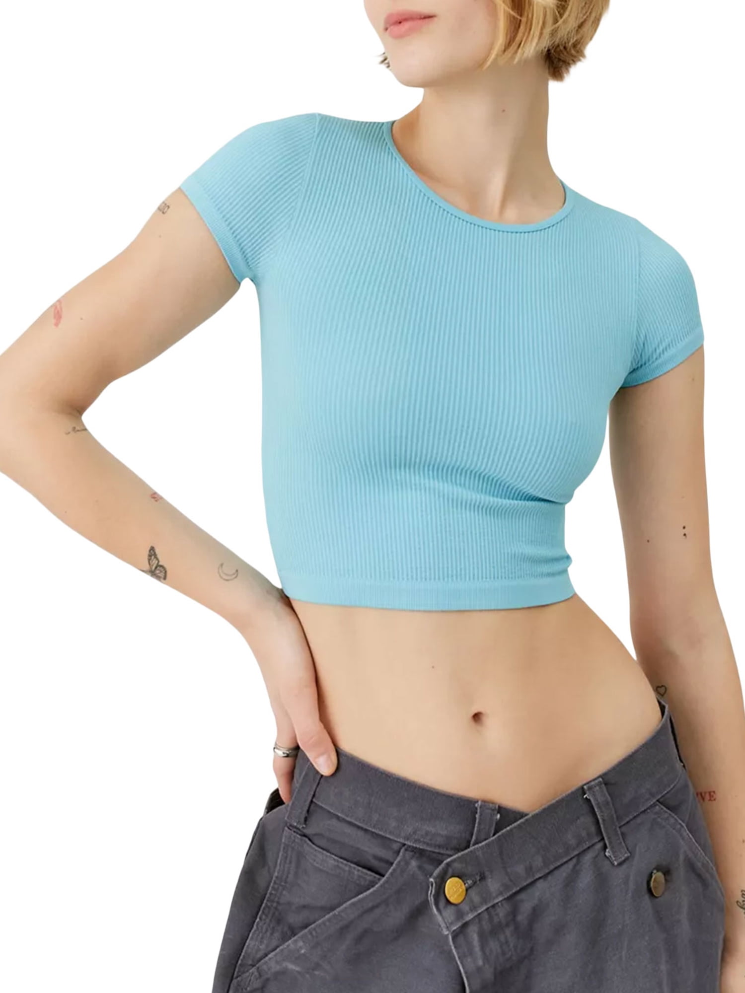 Xkwyshop Women Cute Basic Slim Fit Summer Casual Crop Top T-Shirt