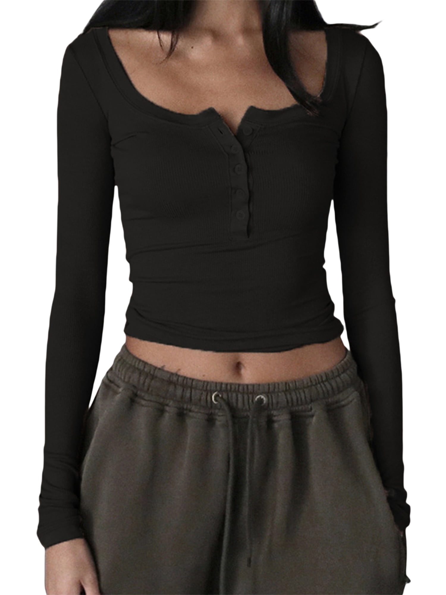 HWOKEFEIYU Womens Casual Long Sleeve Scoop Neck Ribbed Sweatshirts Sexy  Fall Shirts(Black,X-Small) at  Women's Clothing store