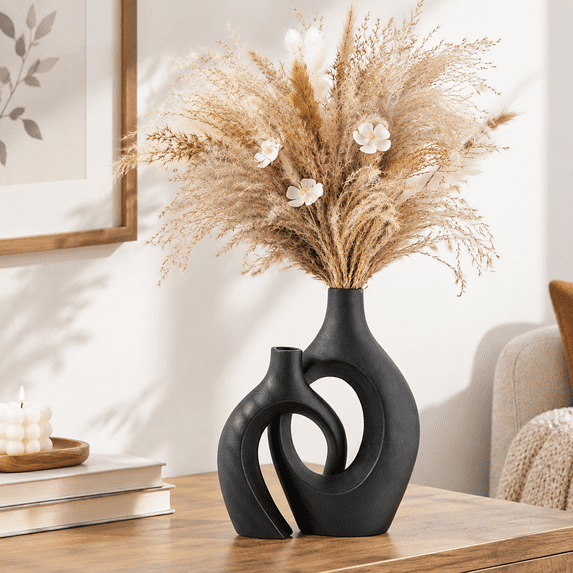 Xl Black Ceramic Vase Set Of 2 For Modern Home Decor Neutral Boho Round ...