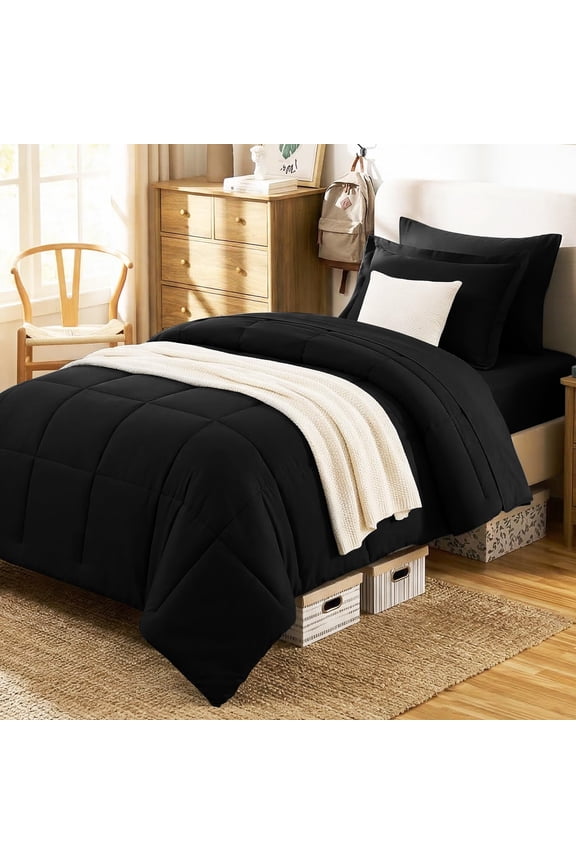 Xl Comforter Set Black - 5 Pieces Bed In A Bag Soft Bedding Sets Extra Long For All Season With Flat Sheets Fitted Sheet Pillowcase &pillow Sham