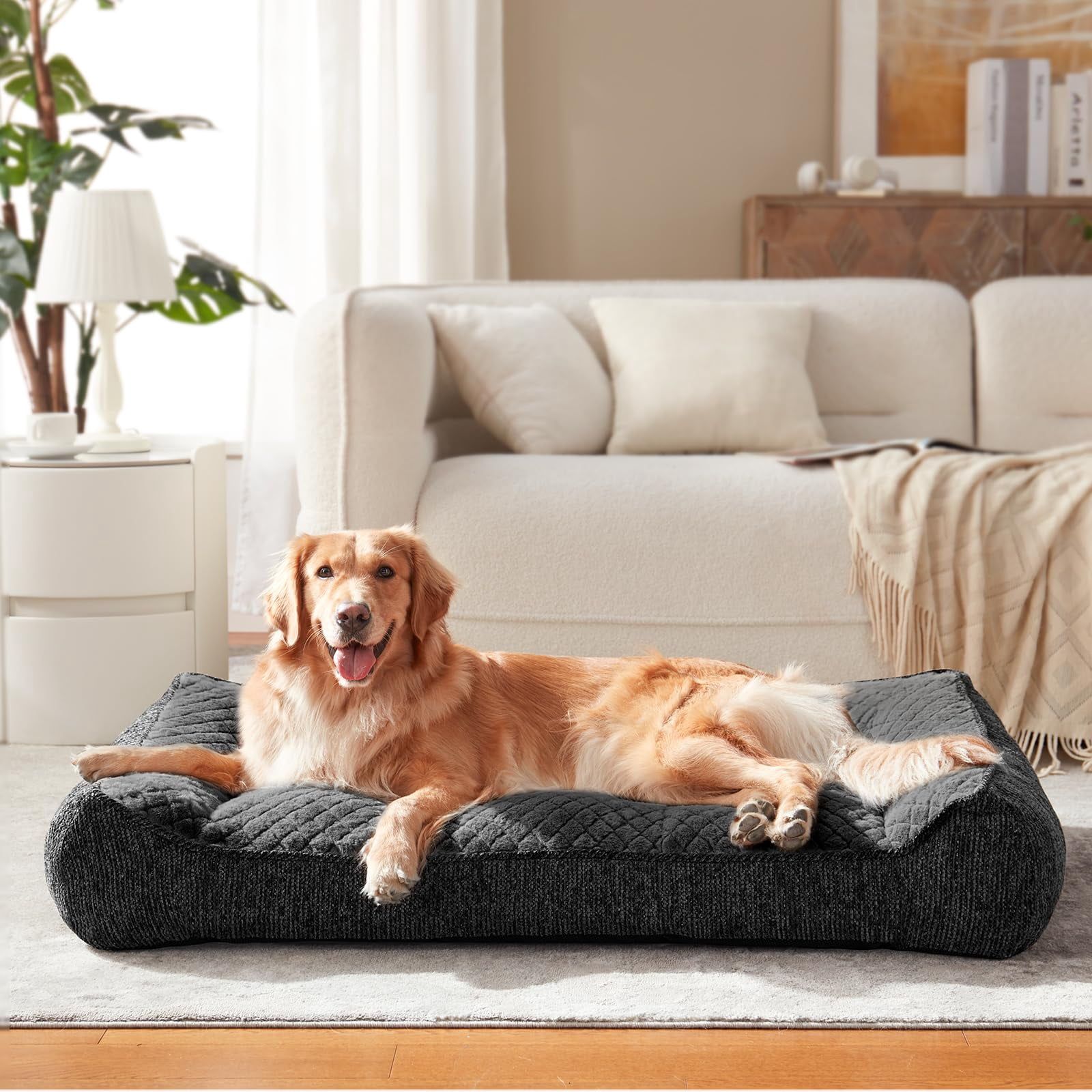 Xl Dog Bed For Large Dogs Up To 80lbs - Extra Thick Foam Pet Sofa With Bolster Sides  Sized Couch Removable Washable Cover Non-slip Bottom Grey (42"x30")