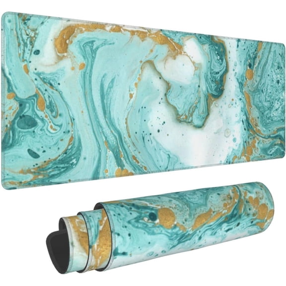 Xl Marble Large Gaming Mouse Pad, Cute Extended Full Desk Mousepad for Keyboard Table with Turquoise and Gold Paint Texture, Big Long Computer Desk Mat Gifts for Women Office Decor, Green 31.5*11.8 In