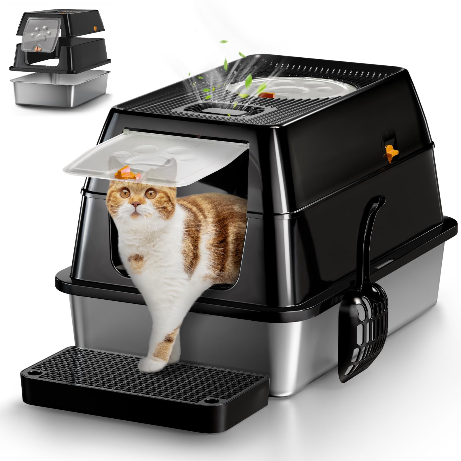 Xl Stainless Steel Cat Litter Box With Lid  Extra Large Enclosed For Big Cats High Sided Metal Pan Removable Lid& Scoop Odor Free Easy Cleaning Anti-urine Leakage