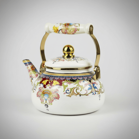 Xlhshop 2.5L Vintage Floral Enamel Tea Kettle, Stovetop Safe Steel Teapot with Ceramic Handle, Lead-Free No Whistle Hot Water Pot for Home Decor & Gifts