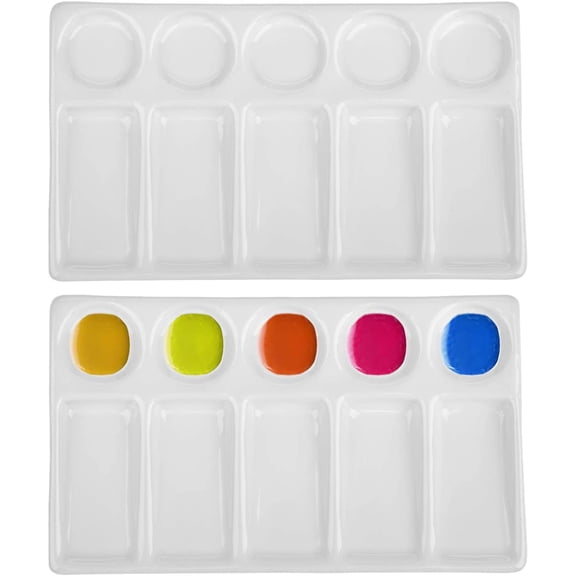 Xlhshop 2-Pack 10-Well Ceramic Paint Palettes, Rectangular Mixing Trays for Watercolor & Acrylic
