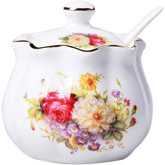 Xlhshop 9oz Retro Floral Ceramic Sugar Bowl with Lid and Spoon, Kitchen Storage Jar for Sugar, Salt & Spices