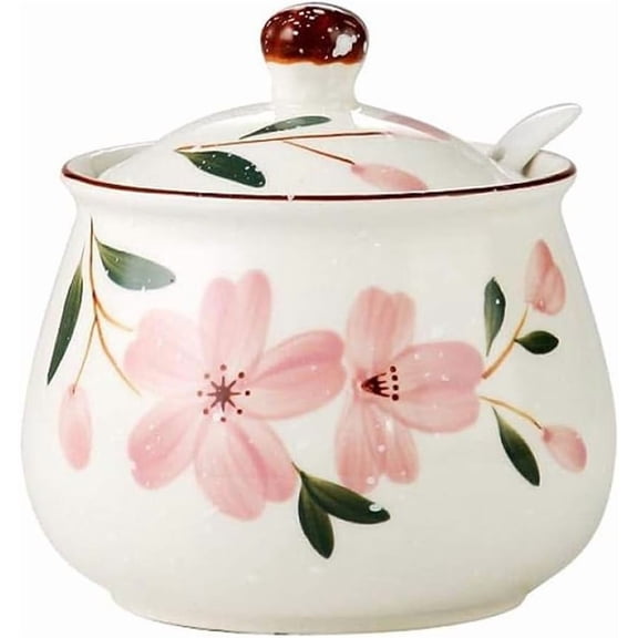 Xlhshop Ceramic Sugar Bowl with Lid and Spoon, Flower Pattern Seasoning Jar for Sugar, Salt & Spices, Kitchen Storage Pot