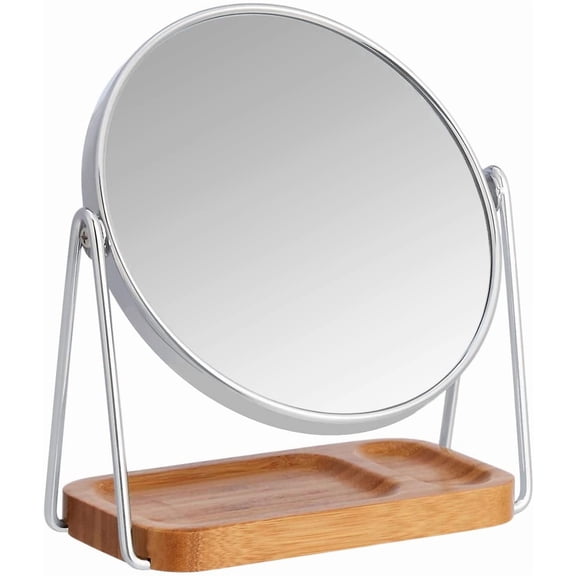 Xlhshop Round Double-Sided Vanity Mirror with Bamboo Tray, 1x/5x Magnification 360 Rotation Tabletop Makeup Mirror