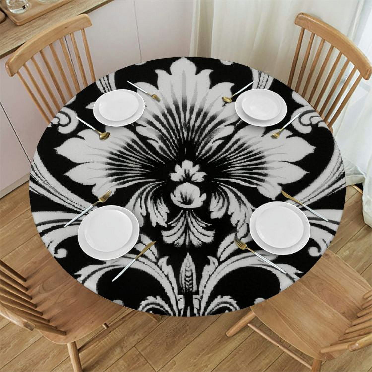 Xllo0ord Black Paisley Round Tablecloth, Fitted Table Cover with