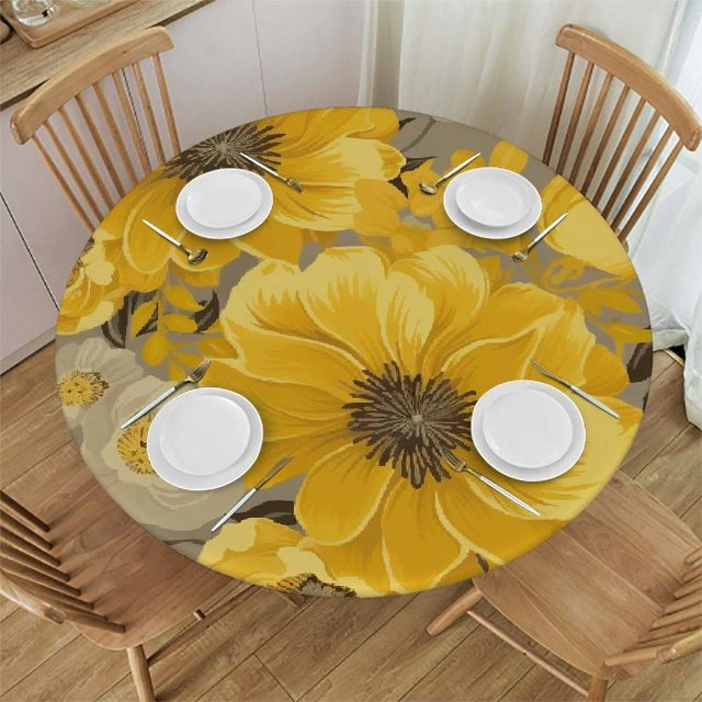 Xllo0ord Fitted Round Tablecloth Yellow Flowers,daisy flower yellow