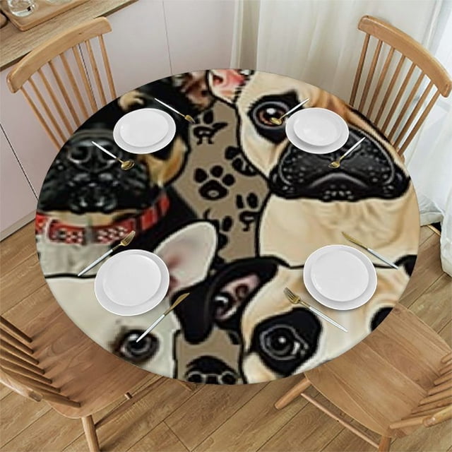 Xllo0ord French Bulldog Elastic Edged Fitted Round Tablecloth