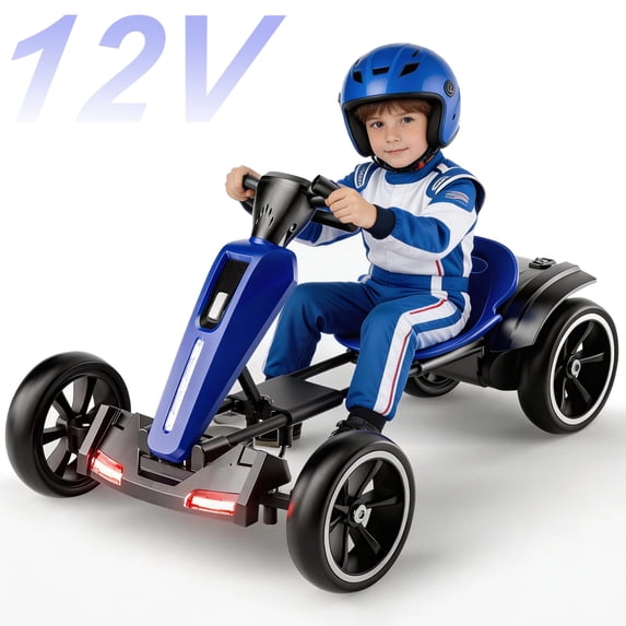 Xlluproid 12V Kids Electric Go Kart,Foldable Ride On Toy with Adjustable Seat,Music,Lights & EVA Wheels for Boys Girls Ages 3-6,Blue