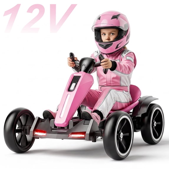 Xlluproid 12V Kids Electric Go Kart,Foldable Ride On Toy with Adjustable Seat,Music,Lights & EVA Wheels for Boys Girls Ages 3-6,Magenta