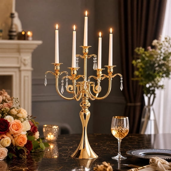 Xlokein 5 Arm Metal Candelabra With Crystal Pendants For Home Wedding Dinner Table Decor