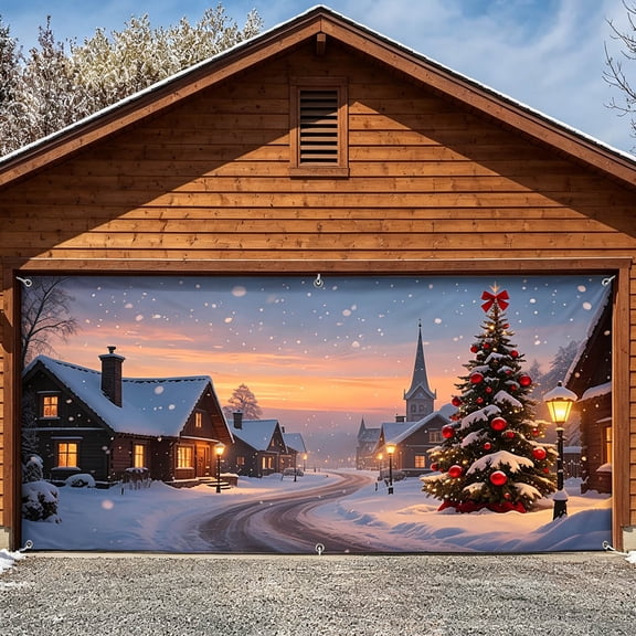Xlokein Christmas Garage Door Cover, Sunset Village Banner Decoration Large Backdrops, Winter Indoor Outdoor Cover Mural Decor for Garage, Wall, Home Party Decor
