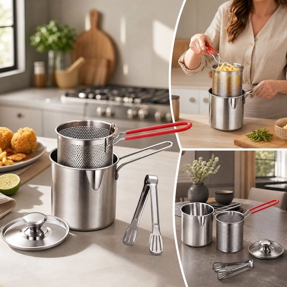 Xlokein Stainless Steel Deep Fryer Pot Set 4 Pieces, Small Deep Frying Pot With Fry Basket Lid And Food Tongs, Cookware Sets for French Fries, Chicken, Crispy Frying